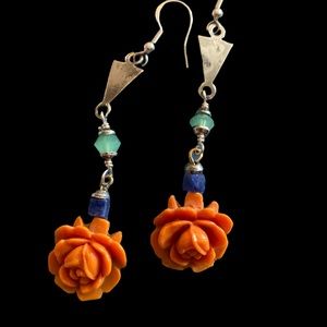 Vintage Carved Celluloid Coral Rose earrings